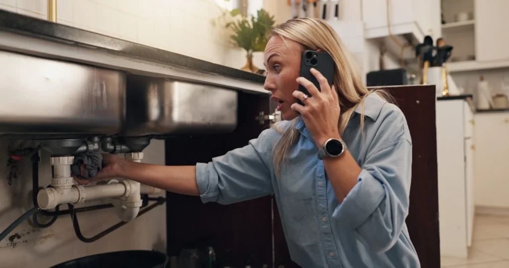 Homeowner on the phone while water leaks under her kitchen sink