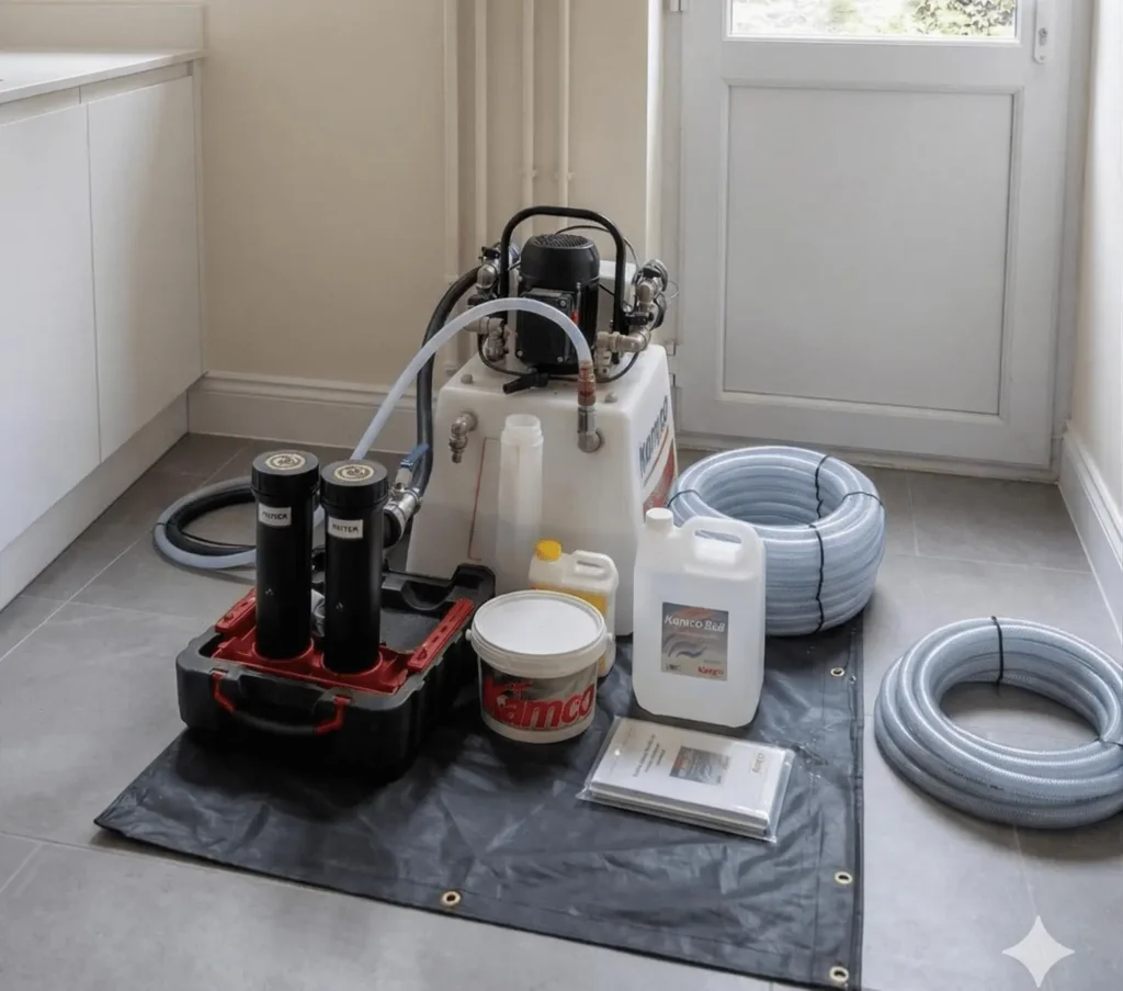 Power flushing machine set up in a kitchen