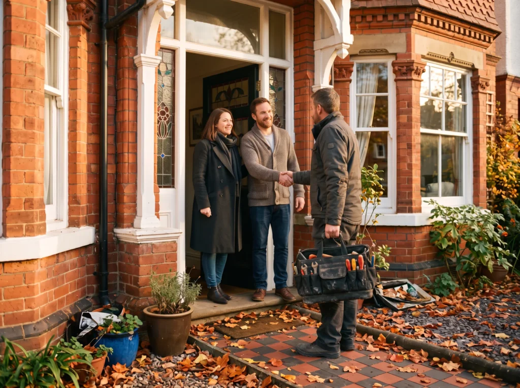 Our engineer shaking hands with happy customers at their front door