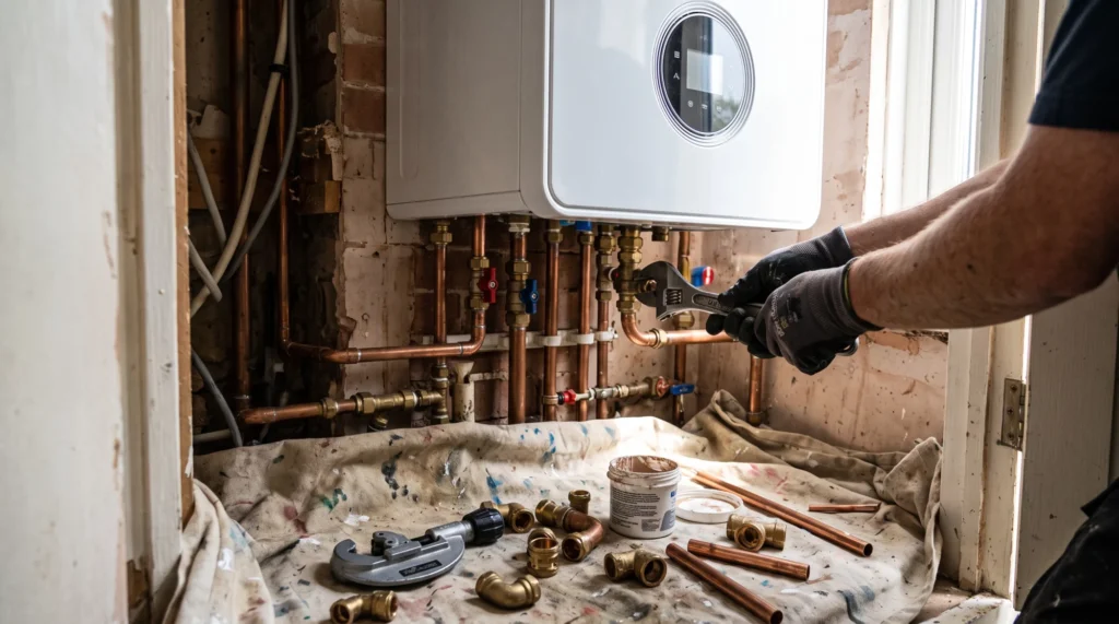 Engineer connecting the pipework under a new Worcester Bosch boiler